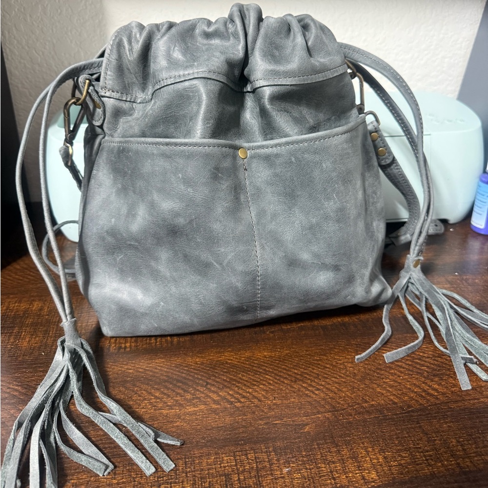 Button Rock Leather Handmade Gray Drawstring Bucket Bag Leather Crossbody Purse